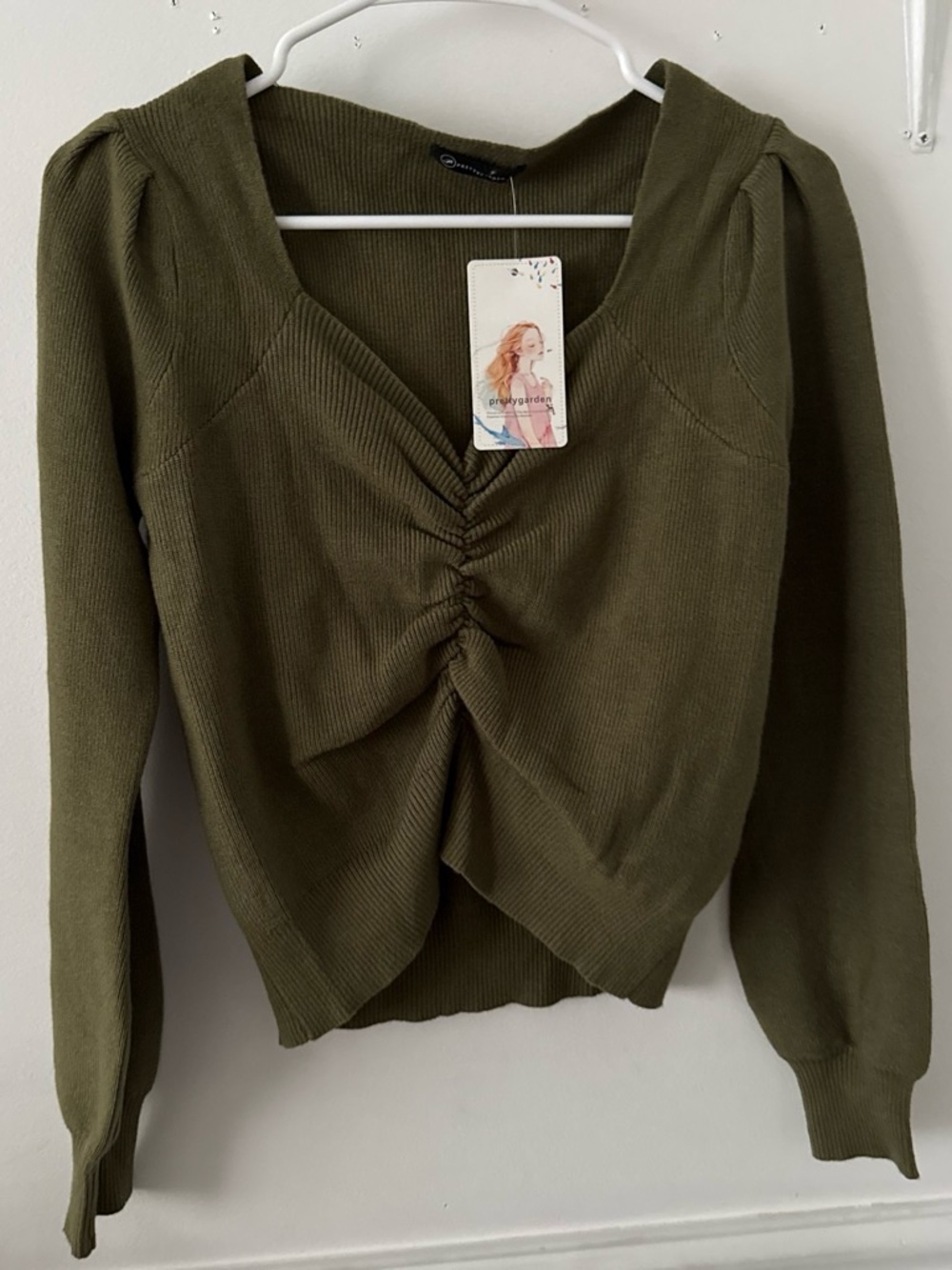 Ruched V-Neck Long Sleeve Top - Olive Green